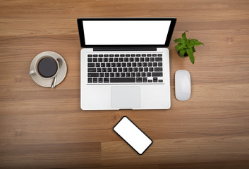 laptop and technological tool on the wood table and beautiful notebook