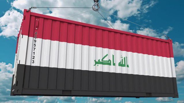 Cargo container with flag of Iraq. Iraqi import or export related conceptual 3D animation