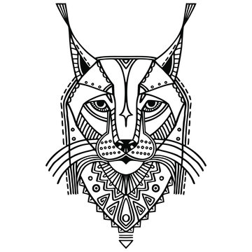 Ethnic style bobcat vector drawing. Isolated outlines