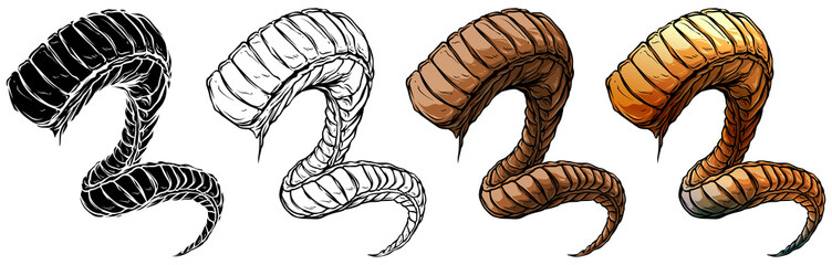 Cartoon graphic colorful detailed big sharp spiral animal horns or antlers. Hunting trophy. Isolated on white background. Vector icon set.