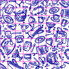 Seamless vector pattern with crockery and cutlery sketches on checked background. Kitchenware: kettle, cup, teapot, spoon, plates, coffee pot, vase, jar, sweets. Doodle style