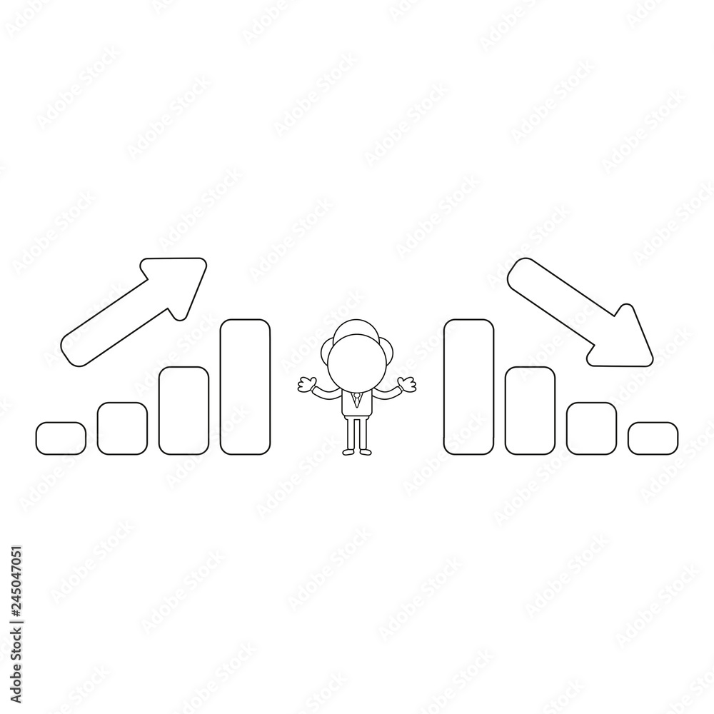 Poster vector businessman character between sales bar charts moving up and down. black outline.