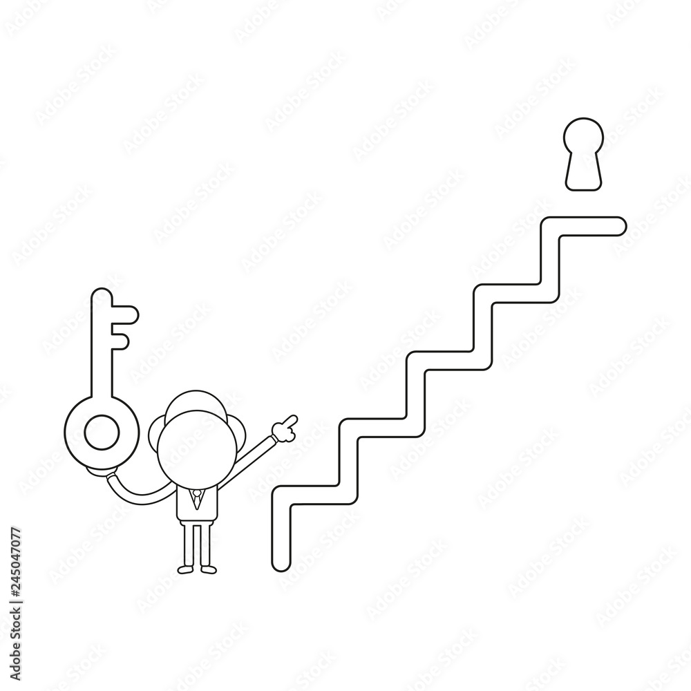 Poster vector businessman character holding key and pointing keyhole on top of stairs. black outline.