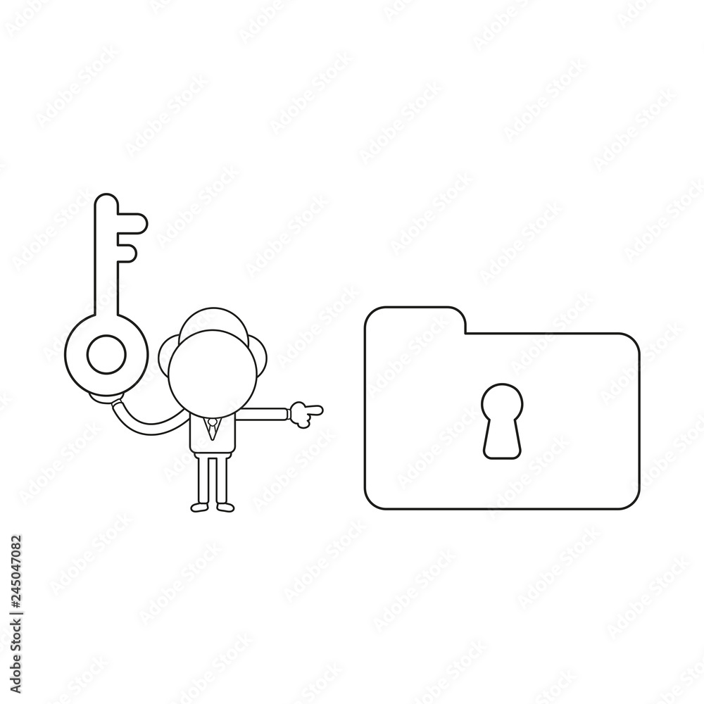 Poster vector businessman character holding key and pointing file folder keyhole. black outline.