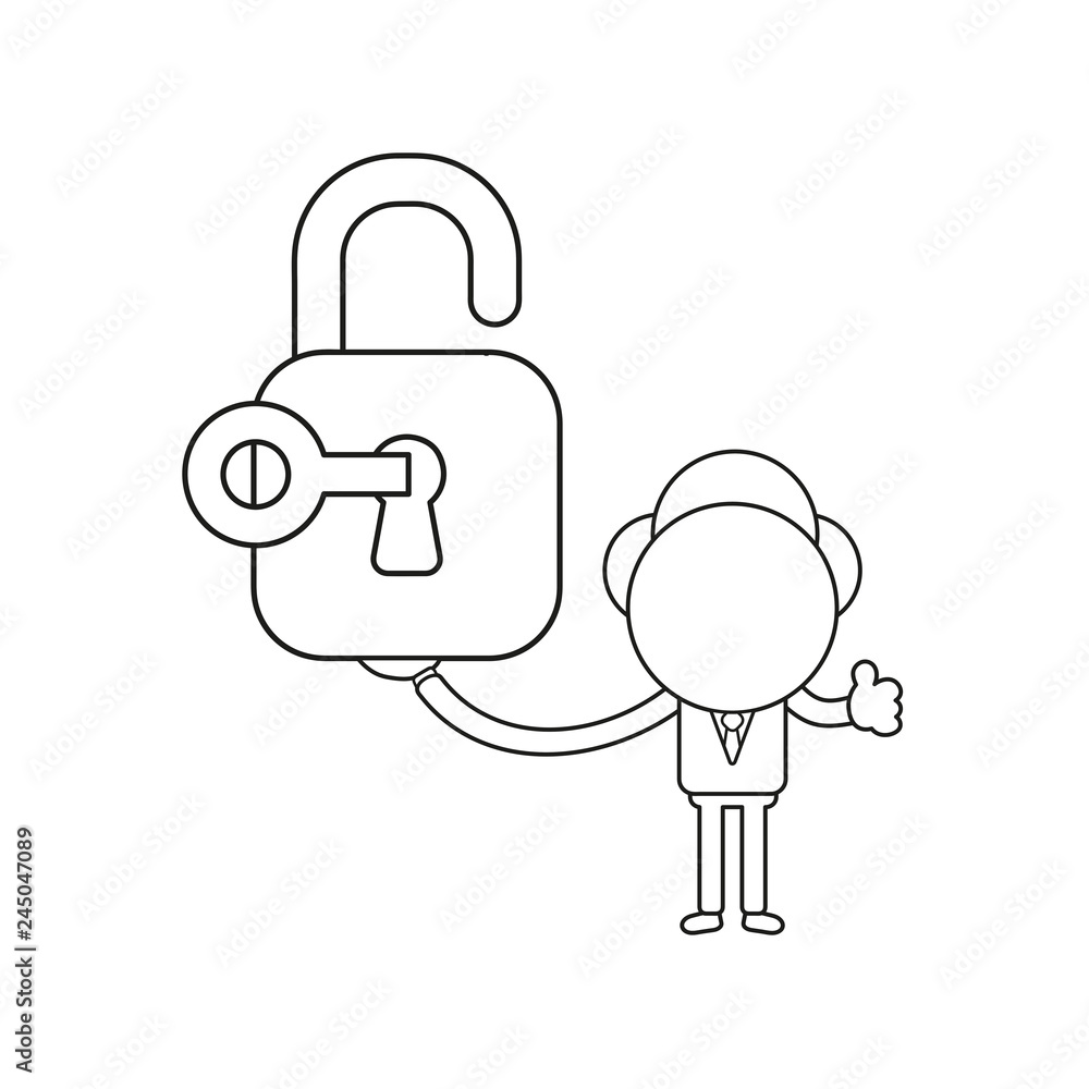 Poster vector businessman character holding open padlock with key and showing thumbs up. black outline.