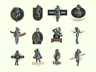 Woman fitness emblem set.
