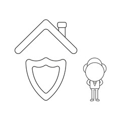 Vector businessman character with guard shield under house roof. Black outline.