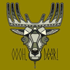 Ethnic style deer's head vector drawing. Poster with lettering . Isolated outlines