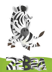 cartoon scene with zebra card on white background with name of animal - illustration for children