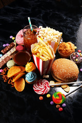 Unhealthy products. food bad for figure, skin, heart and teeth.