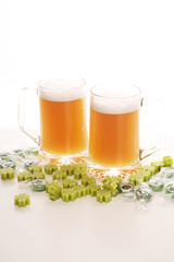 st patricks day with Beer on a table. Saint celebration with lucky shamrock