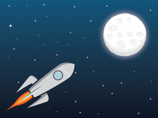 Naklejka premium A rocket spaceship to the moon in cartoon style. Spacecraft, space, moon and stars. Space background vector illustration.