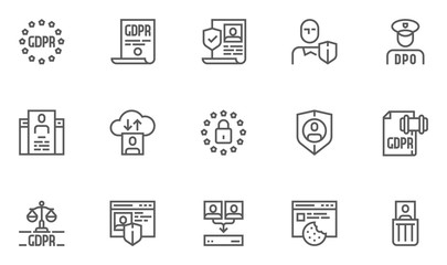 GDPR Line Icons Set. General Data Protection Regulation, Data Protection Officer, DPO. Collection, Processing, Storage and Deletion of Personal Data. Editable Stroke. 48x48 Pixel Perfect.