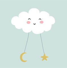 cute cloud print with moon and star. vector illustration for kids clothes,nursery,baby shower and fabric.