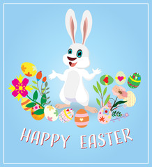 Obraz na płótnie Canvas Colorful Easter card with rabbit, spring flowers. vector illustration.