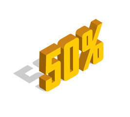 50% percent off, sale, golden-yellow isometric object 3D. White background. Eps10 Vector.