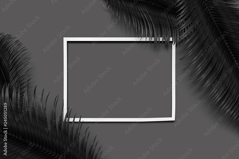 Poster tropical flowers and frame on black background with empty space. 3d rendering.