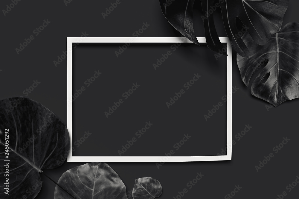 Poster tropical flowers and frame on black background with empty space. 3d rendering.