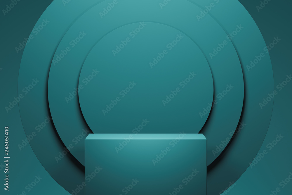 Poster showcase with empty space pedestal on blue circle background. 3d rendering.