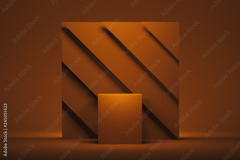 Poster showcase with empty space pedestal on orange square background. 3d rendering.