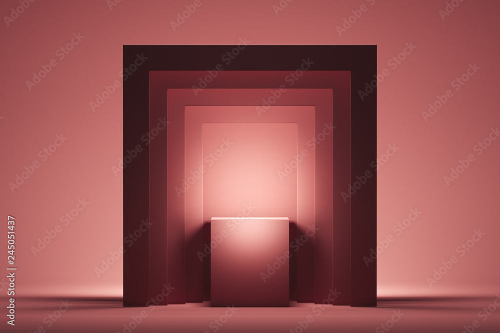 Aufkleber showcase with empty space on pedestal on pink square background. 3d rendering.