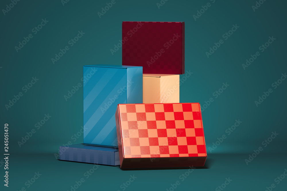 Poster blank multicolored realistic cardboard boxes on blue background. 3d rendering.