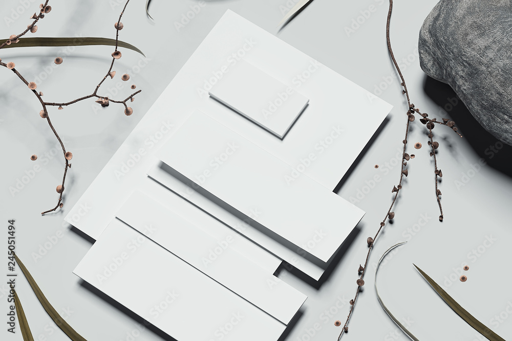 Aufkleber white business stationery mock-up with stone and tree branches on. 3d rendering.