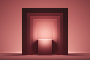 Showcase with empty space on pedestal on pink square background. 3d rendering.