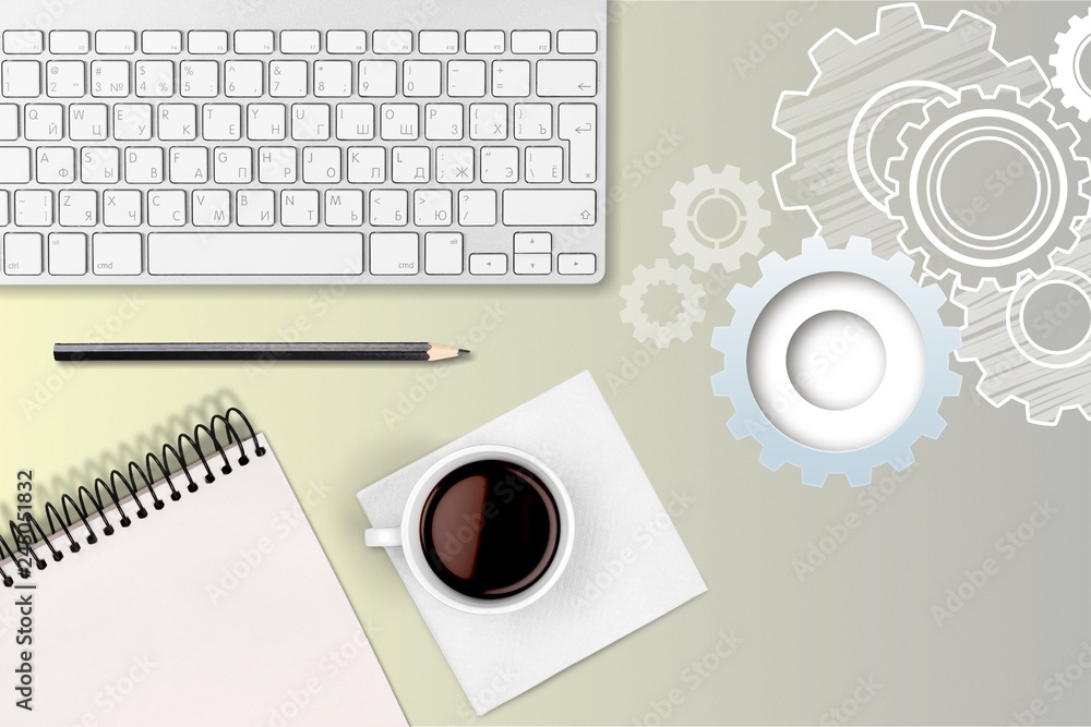 Poster computer keyboard at workplace and cup isolated on background