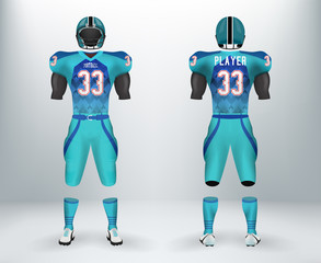 3D realistic of font and back of blue American rugby football jersey uniforms sets. Concept for American football apparel mock up for collage championships in vector illustration