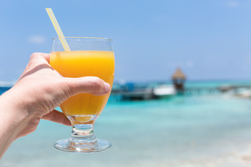 Fruity welcome drink on tropical vacation