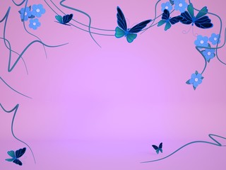 Obraz na płótnie Canvas Beautiful background with floral composition of forget-me-nots and tropical butterflies. Free space for text. 3D illustration for postcards, posters, coupons, advertising materials.