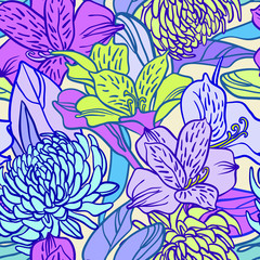 Seamless vector pattern of chrysanthemums and lilies flowers. Hand drawn sketch style background made in pastel colors. 