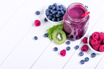 Blueberry and raspberry fresh smoothie, top view