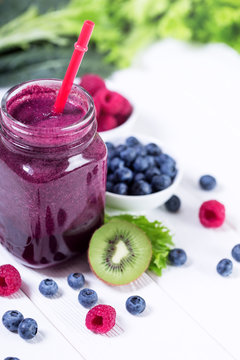 Blueberry and raspberry fresh smoothie, top view