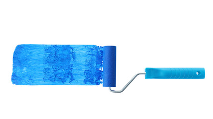 Roller brush and blue paint stroke on white background, top view