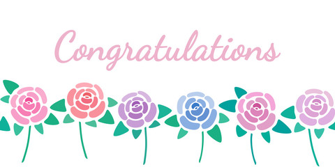 Congratulations sign with roses decoration, repeating horizontal decoration, flowers blossom greeting card, vector illustration