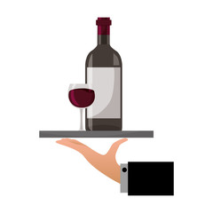 hand with tray with bottle cup wine