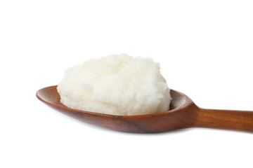 Fototapeta na wymiar Shea butter in wooden spoon isolated on white