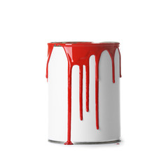 Open red paint can with stains isolated on white