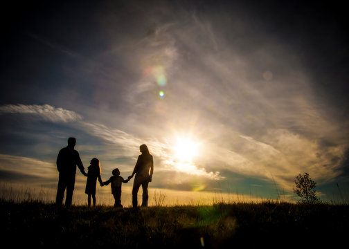 family, family life, love, silhouette and sky, sunsets, happy family, family holding hands