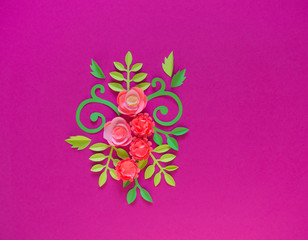 Flower made of paper pink background. Trend color pastel coral.