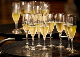 glass of champagne, glass, drink, alcohol, restaurant, celebration, wedding, toast, tray and glasses