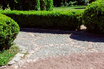 a gravel path that turns into a stone tile path with boxwood fenced with hedges on a sunny day.