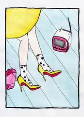 Colorful watercolor illustration of woman's feet with yellow shoes and spotted socks, white and pink  tv on the blue floor.  Art for children book, poster, print or banner. Surreal concept
