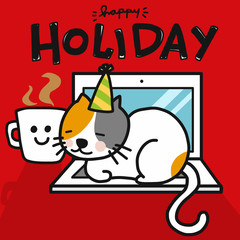 Happy Holiday with your cat word and cartoon vector illustration