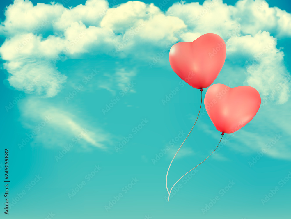 Aufkleber Valentine heart-shaped baloons in a blue sky with clouds. Vector background