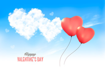 Fototapeta na wymiar Two valentine heart-shaped baloons in a blue sky with clouds. Vector background