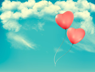 Fototapeta na wymiar Valentine heart-shaped baloons in a blue sky with clouds. Vector background