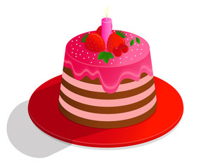 Vector drawing colorful cake of a decorated with decor, cream and fruits , on white background